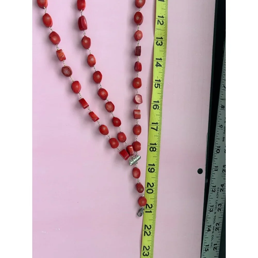 Vintage 3-Strand Red Coral Beaded Necklace With Silver-Tone Clasps 20 Inches Lon - Picture 5 of 5